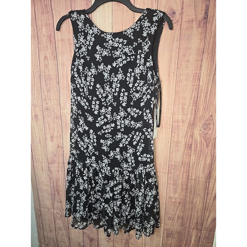 Calvin Klein Women's SZ 4 Sleeveless Dress Floral Ruffle Lined Black White New